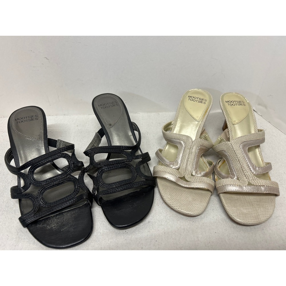 Two Vintage Y2K Mootsies Tootsies Women's Shoes 7.5‎ Black & Gold Heeled Sandals